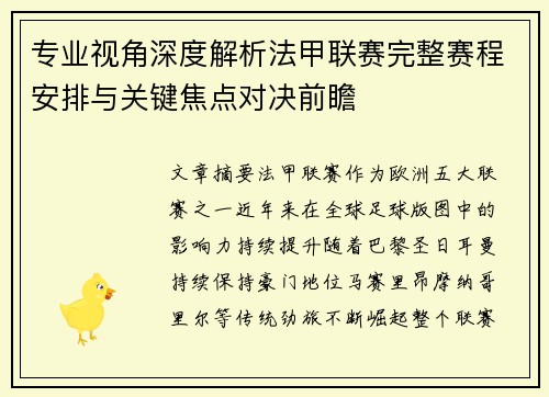 专业视角深度解析法甲联赛完整赛程安排与关键焦点对决前瞻