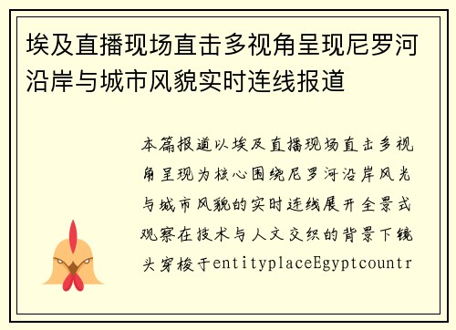 埃及直播现场直击多视角呈现尼罗河沿岸与城市风貌实时连线报道